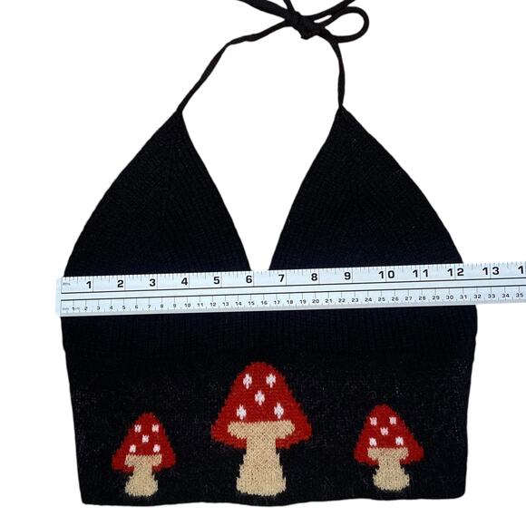 Romwe Black Mushroom Hippie Festival Intarsia Knit Cropped Halter Top SZ S - Picture 10 of 12